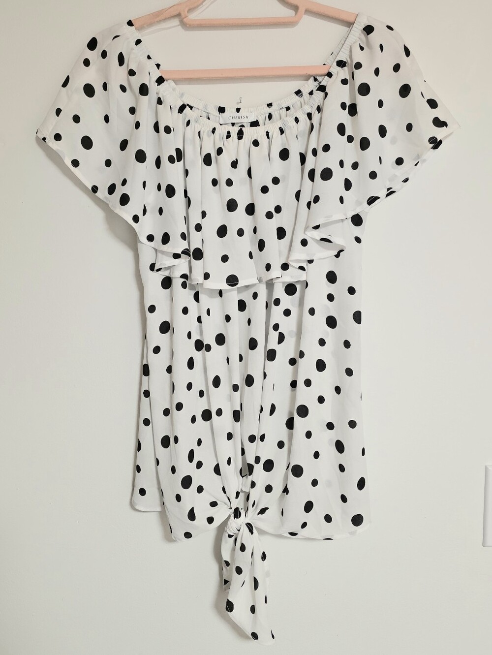 Cherish Polka Dot Off The Shoulder Top Ruffle Flutter Neckline Front Tie Medium - Picture 3 of 9